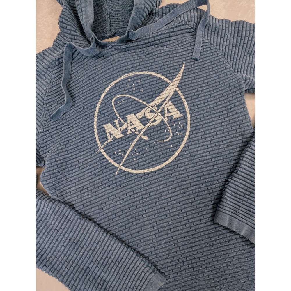 Apex EMI NASA Graphic Hoodie Blue Textured Knit Cotton Sweater Mens Small
